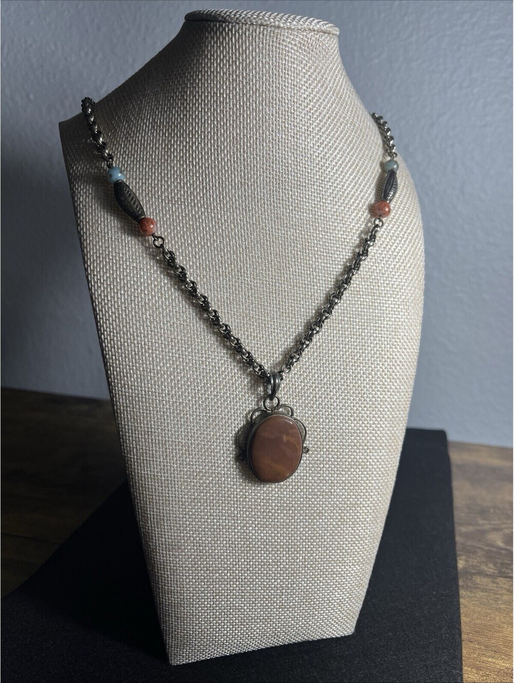Southwestern Jasper Style Pendant Necklace Turquoise Red Beads Silver Tone